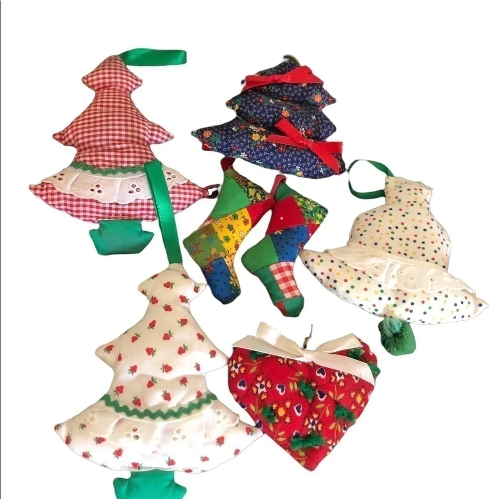 Handmade Farmhouse 7PC Christmas Printed Fabric Plush Hanging Ornaments Boho